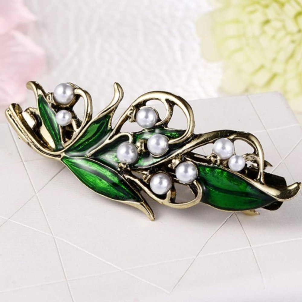 Enamel Green Leaf Pearl Hair Clip